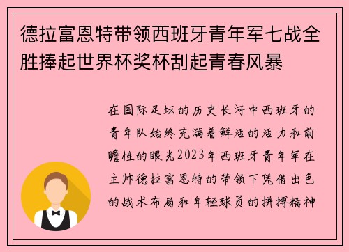 德拉富恩特带领西班牙青年军七战全胜捧起世界杯奖杯刮起青春风暴